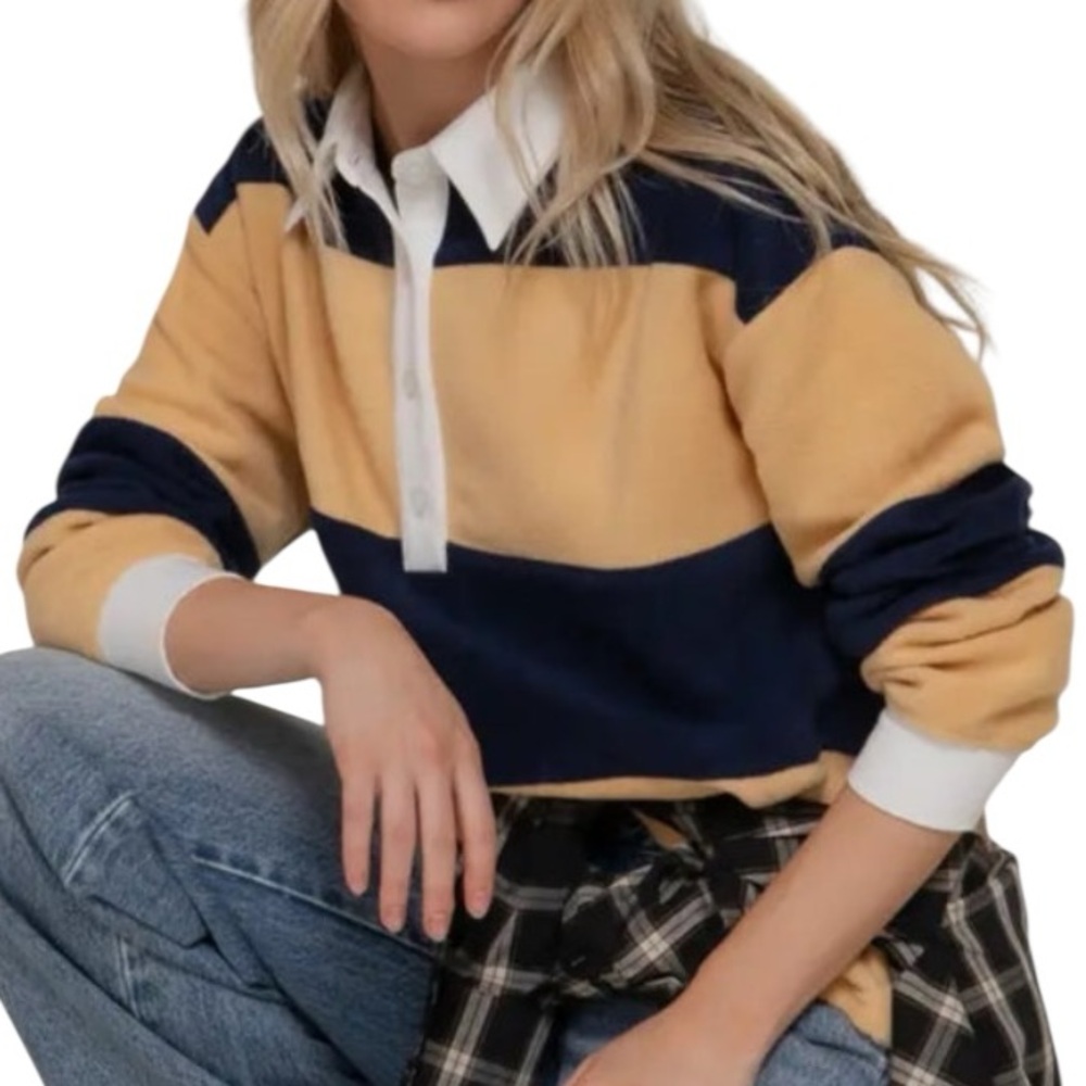 Striped Long Sleeve Rugby Polo in Mustard and Navy